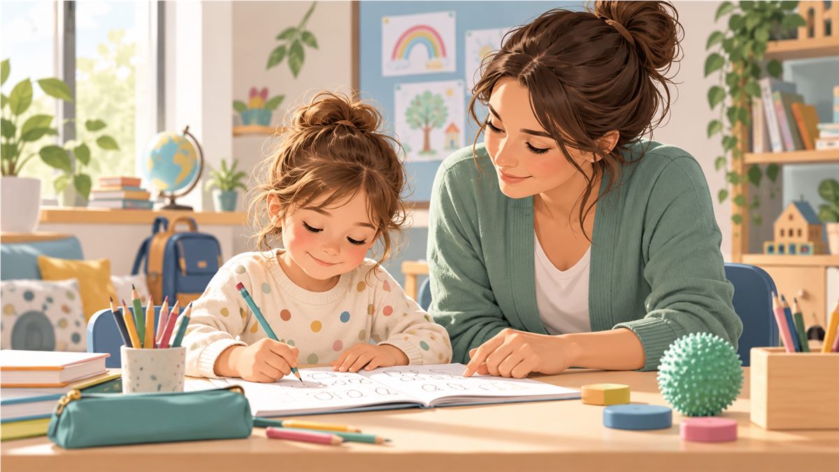 Illustration d’une ergothérapeute accompagnant une enfant pendant un exercice d’écriture