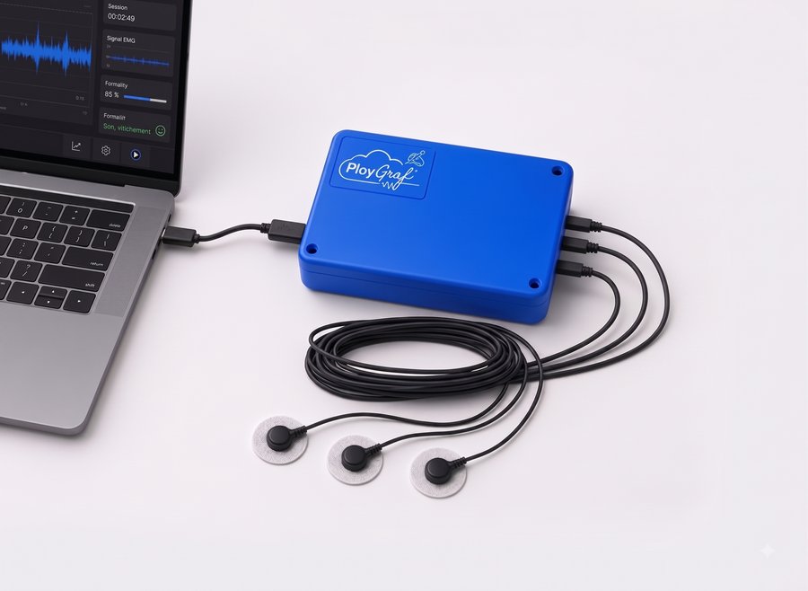 Boîtier EMG PlayGraf relié à un ordinateur et à trois électrodes